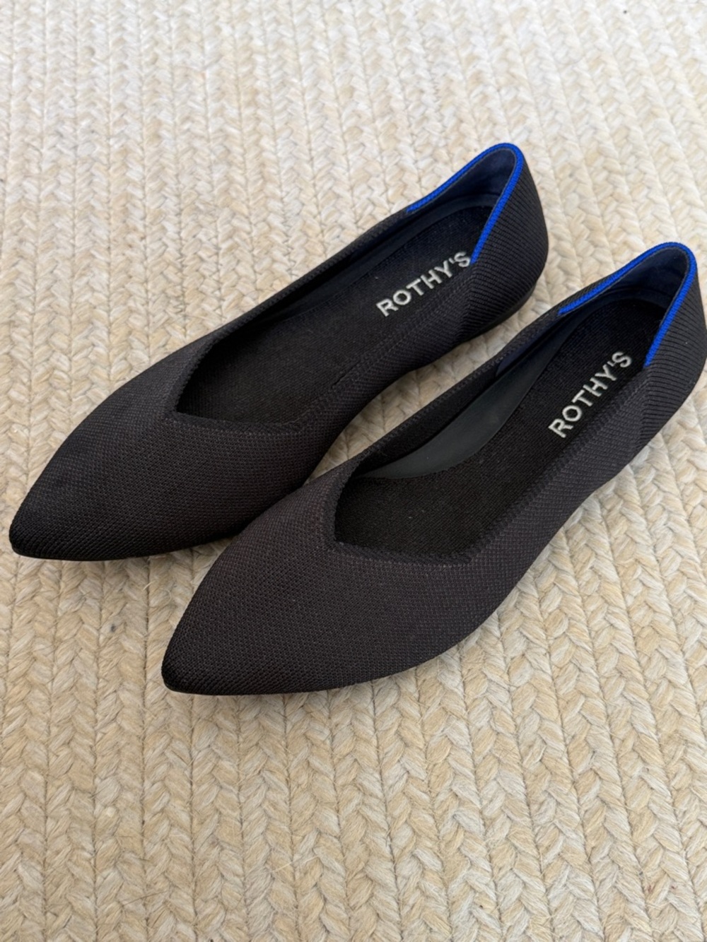 Rothy's Black Pointed Knit Flats with Blue Trim